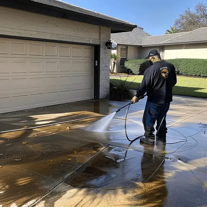 Technician pressure washing a driveway in front of a home and garage