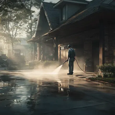 Technician pressure washing in front of a house at sunrise
